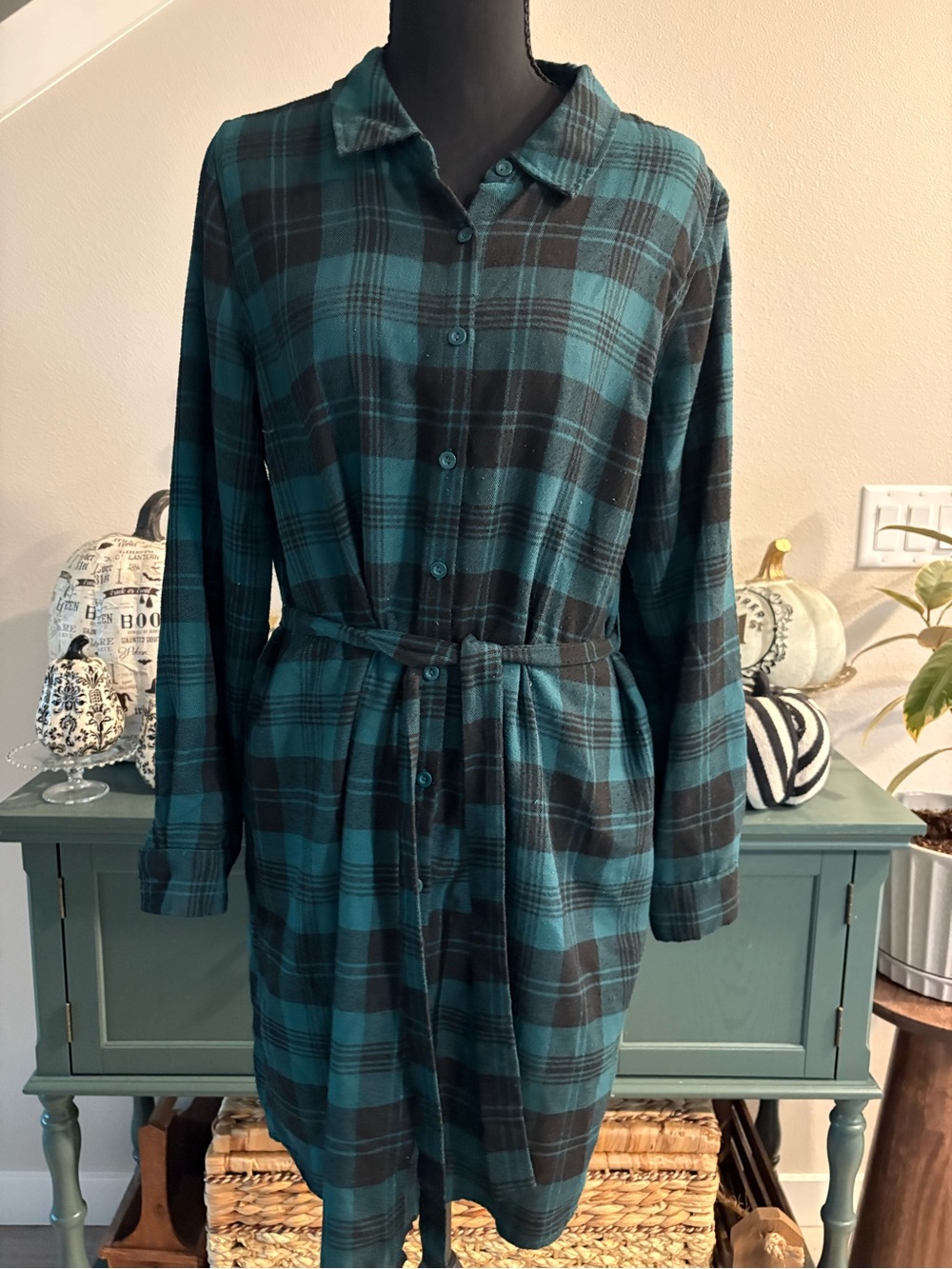 Lucky Brand Teal and Black Plaid Button-Front Shirt Dress